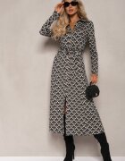 by swan Rochie tip cămașă Negru-Albă Midi decorată cu model geometric și cu cordon Aripel