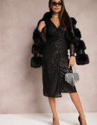 by swan Rochie Tip Plic Neagră Midi cu Drapaj Decorată cu Paiete Fendra