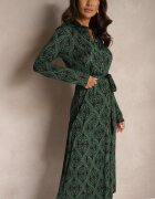 by swan Rochie Verde Imprimată din Viscoză cu croială tip cămașă Decorată cu cordon Evelitha