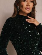 by swan Rochie Verde închisă Mini Cu paiete cu guler înalt Rottamia
