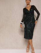 by swan Rochie Verde Petrecută Midi cu Drapaj Împodobită cu Paiete Fendra
