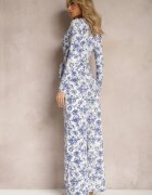 by swan Salopetă Lungă Alb-Albastru cu Decolteu Petrecut cu Imprimeu Floral Erenna
