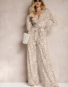 by swan Salopetă Lungă Bej cu Model Ornamental și Curea Legată Feniti
