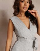 by swan Salopetă lungă gri deschis legată în talie cu nasturi pe umeri Amile
