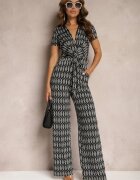 by swan Salopetă Neagră din Viscoză Decorată cu Model Geometric și Curea Textilă în Talie Alsevia