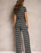by swan Salopetă Neagră din Viscoză Decorată cu Model Geometric și Curea Textilă în Talie Alsevia