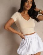by swan Tricou Bej deschis Cambrat din Vâscoză cu Decolteu în V Follerea