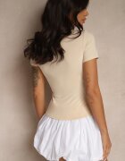 by swan Tricou Bej deschis Cambrat din Vâscoză cu Decolteu în V Follerea