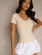 by swan Tricou Bej deschis Cambrat din Vâscoză cu Decolteu în V Follerea