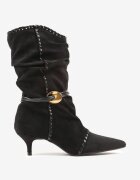 c&l fashion Botine Negre pe Toc Tip Pisică Slouchy Decorate cu Aplicație Metalică și Șnur Avodvire