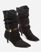 c&l fashion Botine Negre pe Toc Tip Pisică Slouchy Decorate cu Aplicație Metalică și Șnur Avodvire
