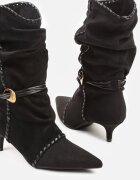 c&l fashion Botine Negre pe Toc Tip Pisică Slouchy Decorate cu Aplicație Metalică și Șnur Avodvire