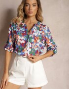  Cămașă bleumarin cu model floral abstract și nasturi la decolteu Exina