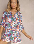  Cămașă bleumarin cu model floral abstract și nasturi la decolteu Exina