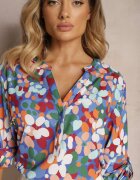  Cămașă bleumarin cu model floral abstract și nasturi la decolteu Exina