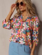 Cămașă Fucsia cu Imprimeu Floral Abstract cu Nasturi La Decolteu Exina