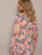  Cămașă Fucsia cu Imprimeu Floral Abstract cu Nasturi La Decolteu Exina