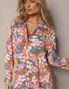  Cămașă Fucsia cu Imprimeu Floral Abstract cu Nasturi La Decolteu Exina