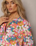  Cămașă Fucsia cu Imprimeu Floral Abstract cu Nasturi La Decolteu Exina
