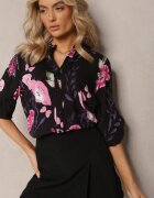  Cămașă Negru-Roz Decorată cu un model floral din Viscoză Deliria