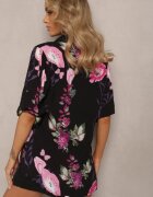  Cămașă Negru-Roz Decorată cu un model floral din Viscoză Deliria
