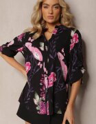  Cămașă Negru-Roz Decorată cu un model floral din Viscoză Deliria