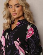  Cămașă Negru-Roz Decorată cu un model floral din Viscoză Deliria