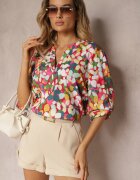  Cămașă Roz închisă cu Model Abstract Floral cu Nasturi la Decolteu Exina