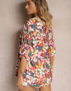 Cămașă Roz închisă cu Model Abstract Floral cu Nasturi la Decolteu Exina