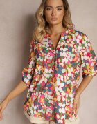  Cămașă Roz închisă cu Model Abstract Floral cu Nasturi la Decolteu Exina