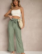 cantarana Pantaloni Verde închis cu croială largă și elastic în talie decorați cu șnur Mireniela