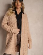 Cardigan Bej închis lung fără închidere decorat cu imprimeu în relief Vailithe