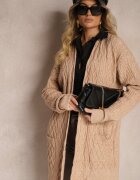  Cardigan Bej închis lung fără închidere decorat cu imprimeu în relief Vailithe