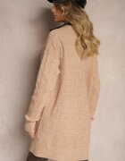  Cardigan Bej închis lung fără închidere decorat cu imprimeu în relief Vailithe