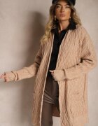  Cardigan Bej închis lung fără închidere decorat cu imprimeu în relief Vailithe