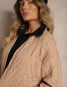  Cardigan Bej închis lung fără închidere decorat cu imprimeu în relief Vailithe