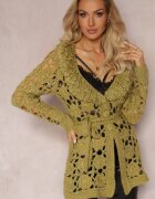  Cardigan Traforat Verde cu Cordon Legat Petrame