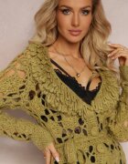 Cardigan Traforat Verde cu Cordon Legat Petrame