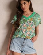 cflo Bluză Verde de Viscoză cu Mâneci Scurte cu Imprimeu Floral Gamila