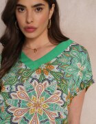 cflo Bluză Verde de Viscoză cu Mâneci Scurte cu Imprimeu Floral Gamila
