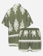 cflo Compleu verde închis cu model rustic cu pantaloni scurți și cămașă Tosnea