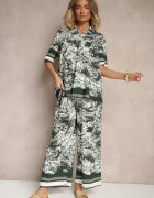 cflo Compleu Verde închis din Viscoză Cămașă și Pantaloni cu Motiv Floral Ridiene