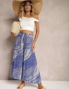 cflo Pantaloni 7/8 Larghi Albastri High Waist din Viscoză cu Talie Elastică Risallni