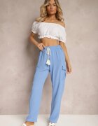 cflo Pantaloni Albastre cu Talie Înaltă Cargo cu Buzunare cu Elastic în Talie Efiene