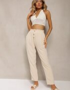 cflo Pantaloni bej tip Paper Bag cu talie înaltă cu elastic în talie Salvavia