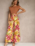 cflo Pantaloni din Vâscoză Verde-Roz cu Talie Înaltă și Picioare Largi cu Elastic în Talie Nansialia