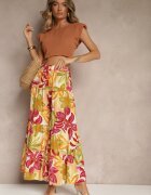 cflo Pantaloni din Vâscoză Verde-Roz cu Talie Înaltă și Picioare Largi cu Elastic în Talie Nansialia
