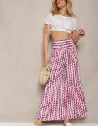 cflo Pantaloni Fucsia și Alb din Viscoză cu Talie înaltă Tip Palazzo cu Elastic în Talie Tiimacella