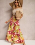 cflo Pantaloni Galben-Roz High Waist din Vâscoză Tip Palazzo cu Elastic în Talie Haestria