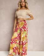 cflo Pantaloni Galben-Roz High Waist din Vâscoză Tip Palazzo cu Elastic în Talie Haestria